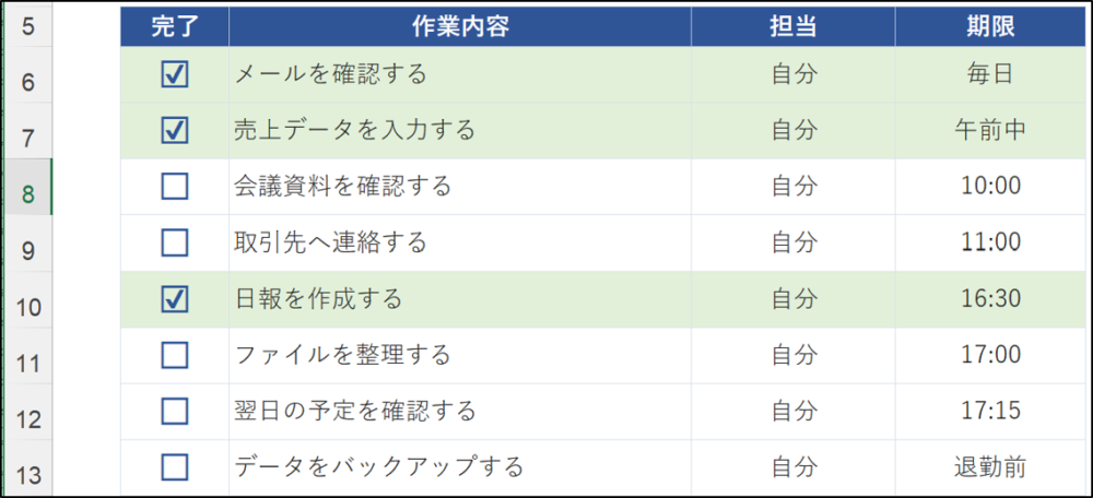 チェックを入れると色が付く