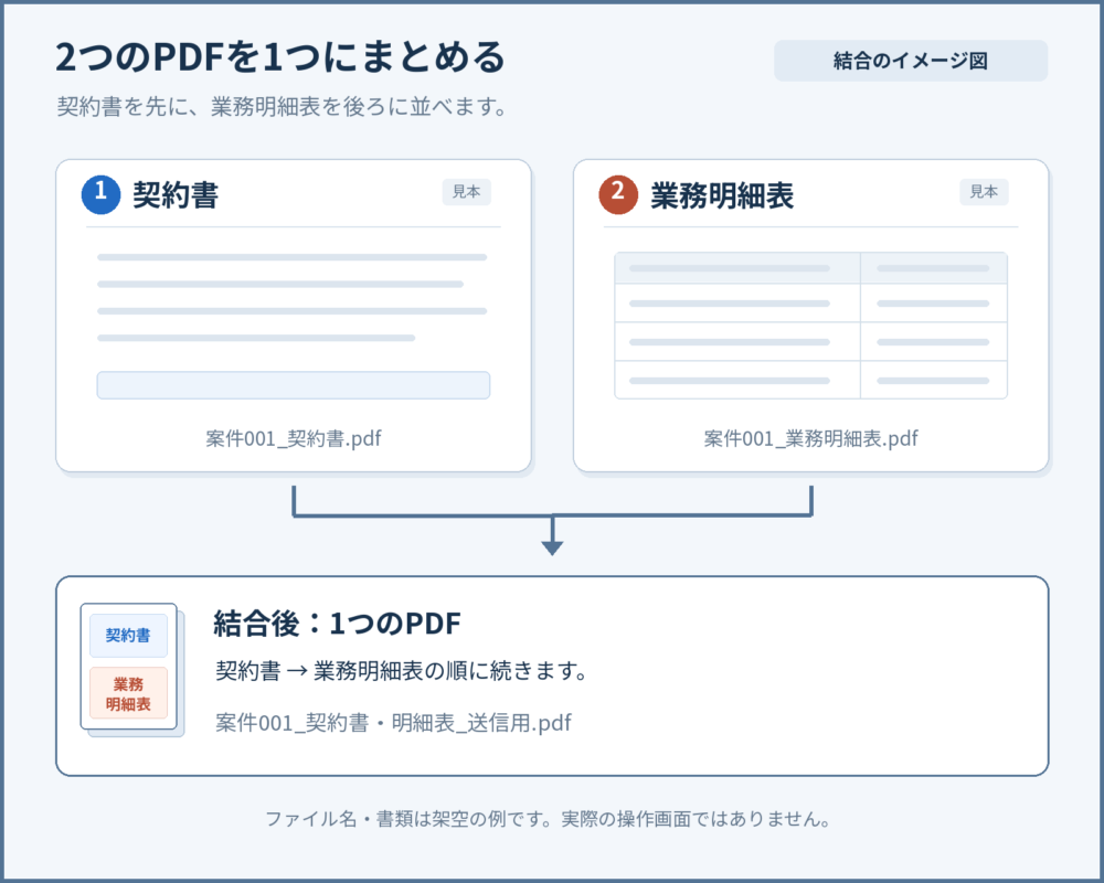 契約書、業務明細表の順に2つのPDFを並べ、1つの送信用PDFに結合する図解